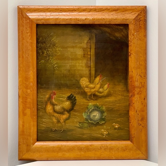 Vintage Birdseye Maple Framed Canvas Oil Painting Rooster Hen Chicks Farmhouse - Picture 4 of 16
